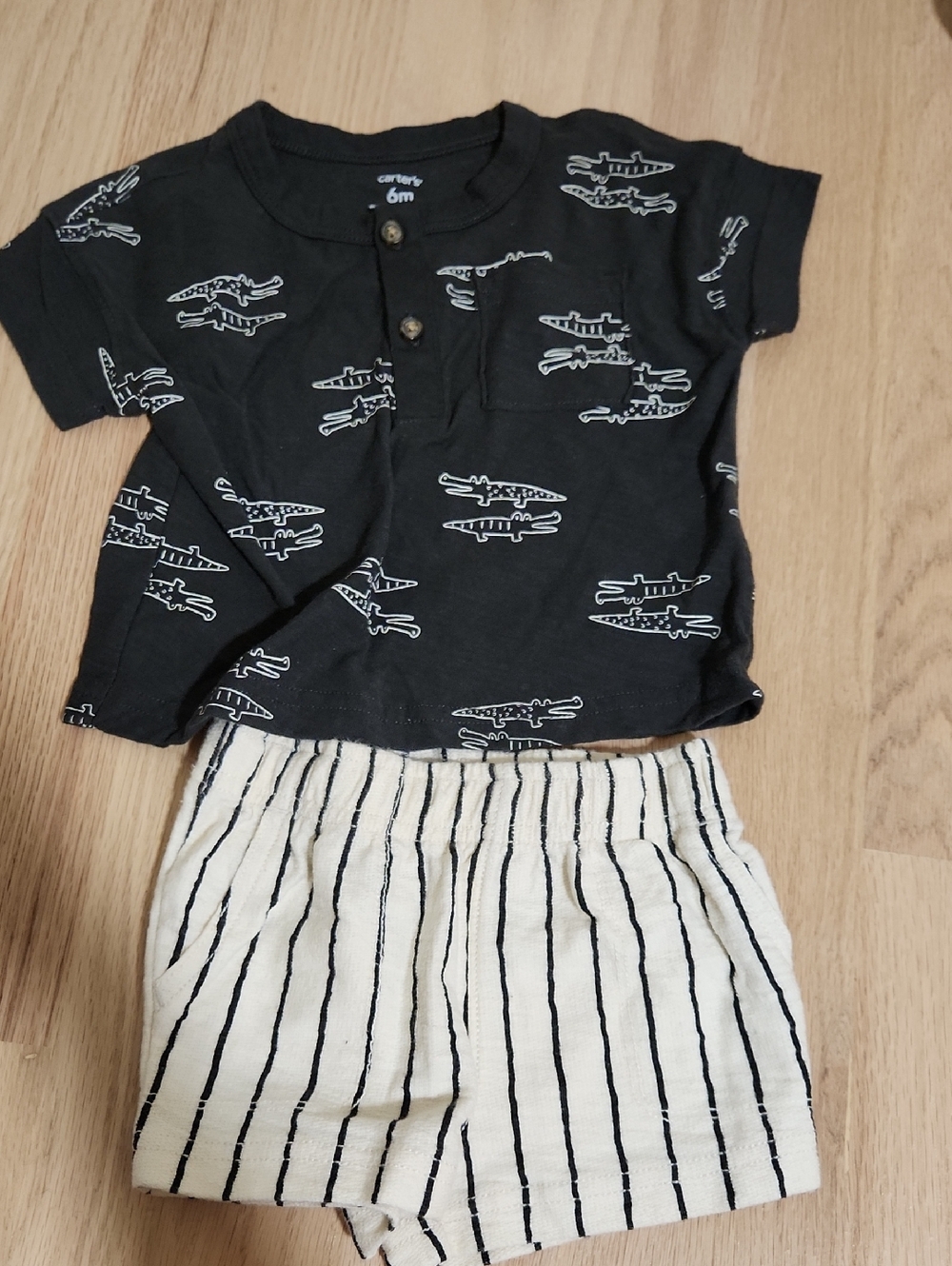 Carter's Black Crocodile Print Henley Top with Striped White Shorts 6m